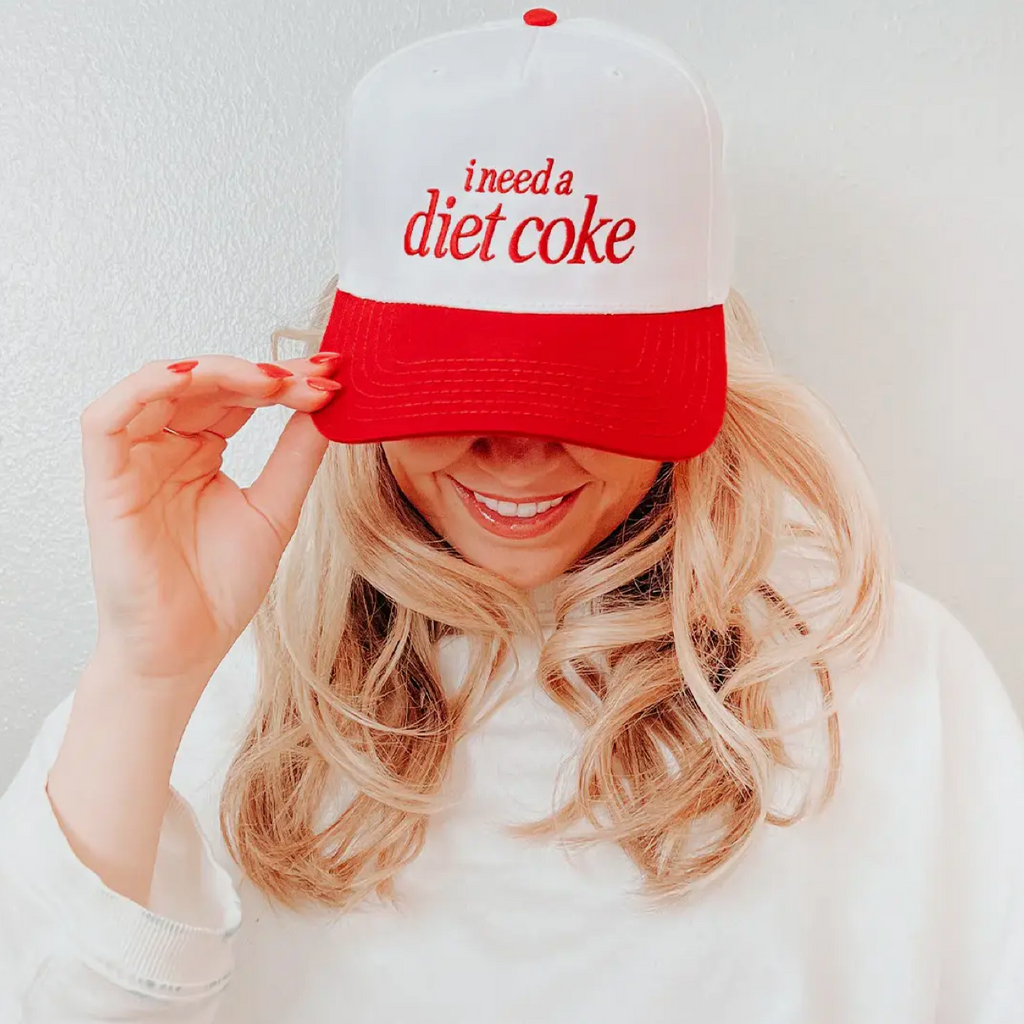 I Need A Diet Coke Embroidered Trucker Hat - Red and White  display picture 1